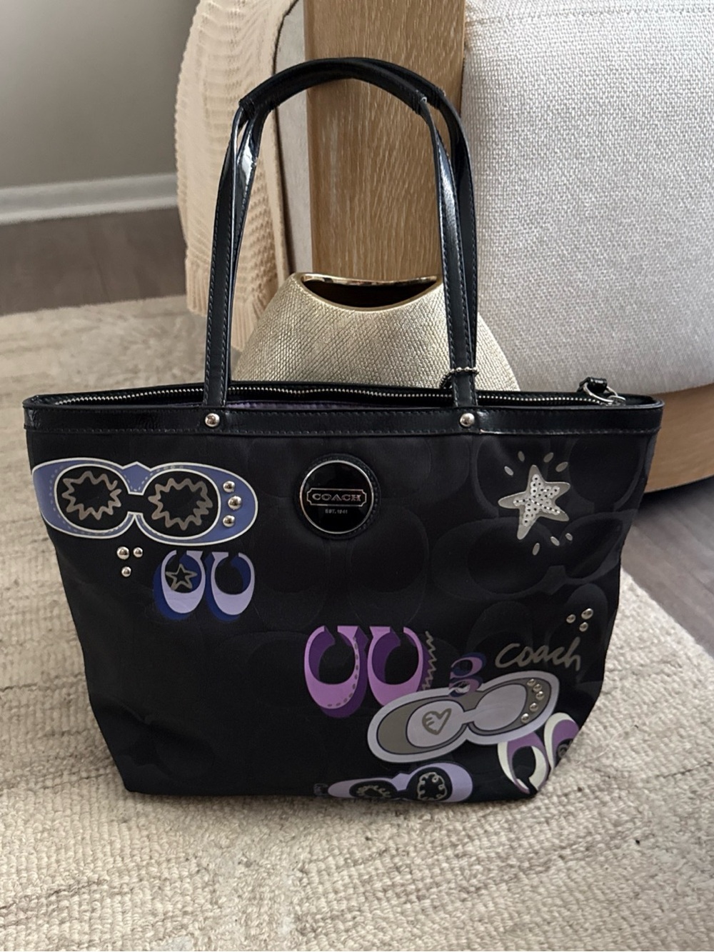 Coach Black Tote with Purple and Silver Graphic Accents